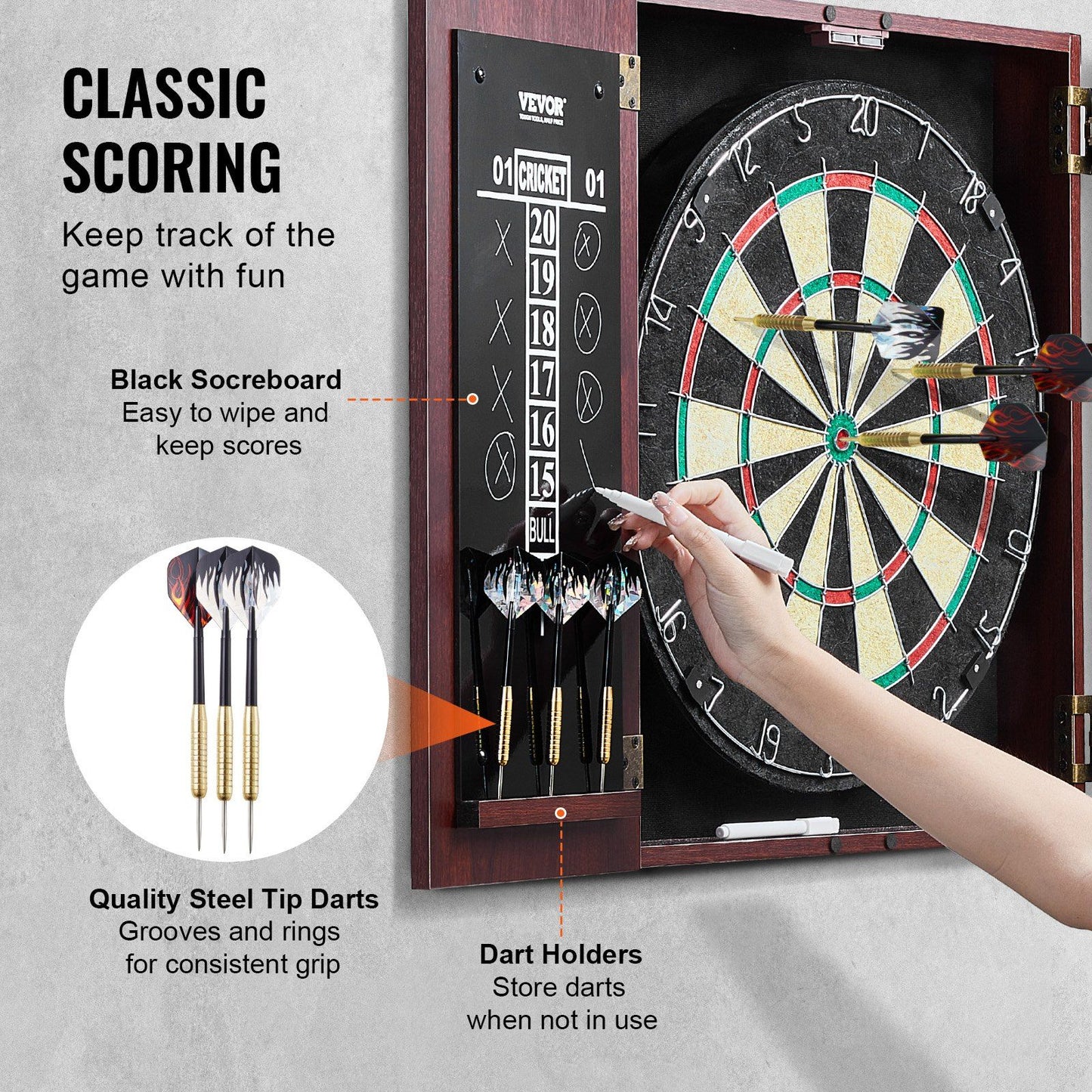 VEVOR Dartboard and Cabinet Set Official Size Complete Accessory Steel Tip Dart