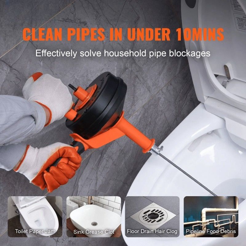 Drain Auger, Clog Remover with Drill Adapter, 25 Feet Flexible Plumbing Snake Use Manually or Powered for Kitchen, Bathrom and Shower Sink, Comes with Gloves(Orange)